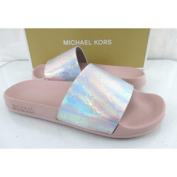 Michael Kors Gilmore Slide Sandals MK Debossed Metallic Silver Multi Size 9 - Picture 3 of 9